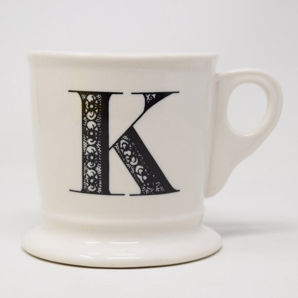 Anthropologie Mug K Initial Shaving Barber Cup Monogram White Black Boho 12 oz - Picture 1 of 10